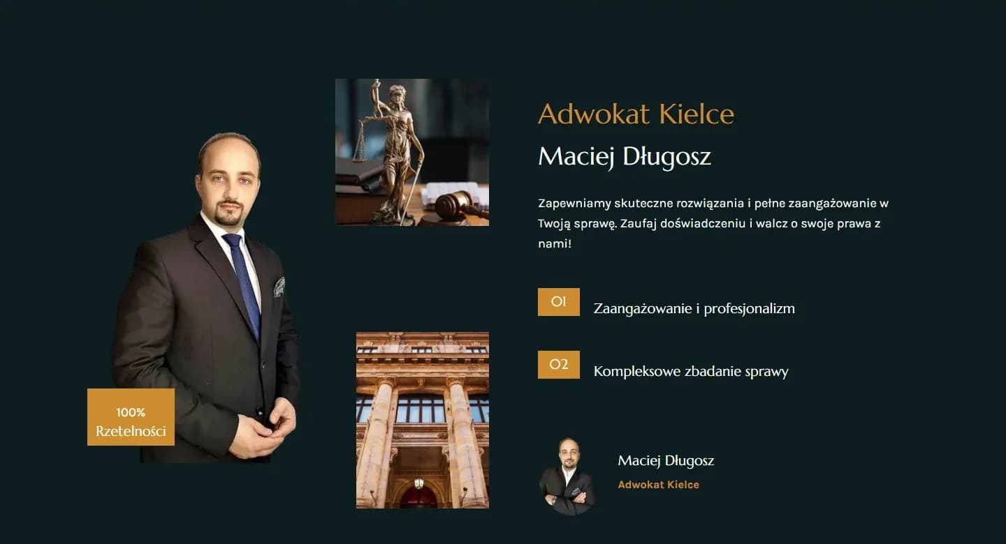 Kancelaria Macieja Długosza — ciemnozielona witryna z fotografią prawnika — zrzut strony