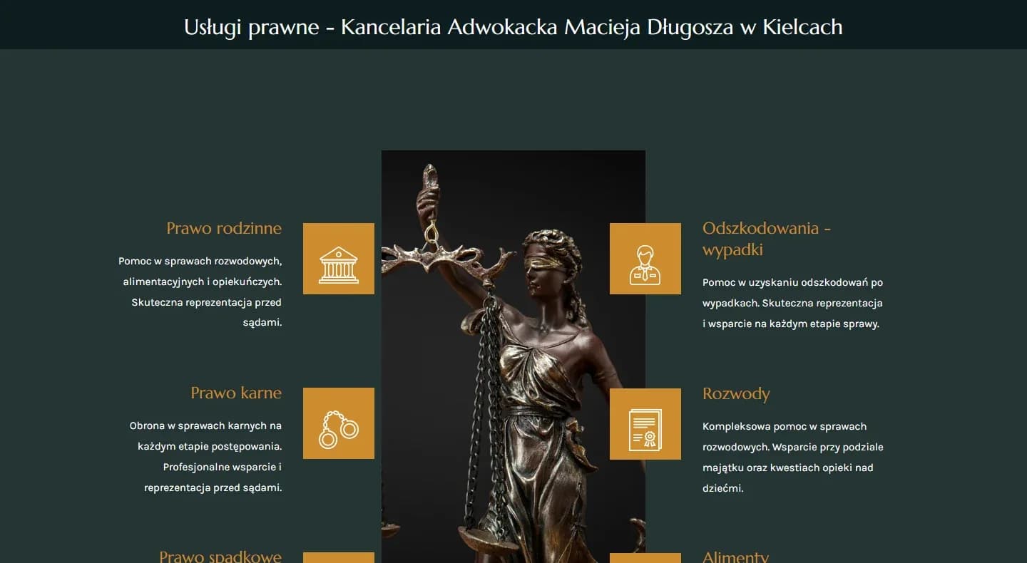 Kancelaria Macieja Długosza — ciemnozielona witryna z fotografią prawnika — detal serwisu