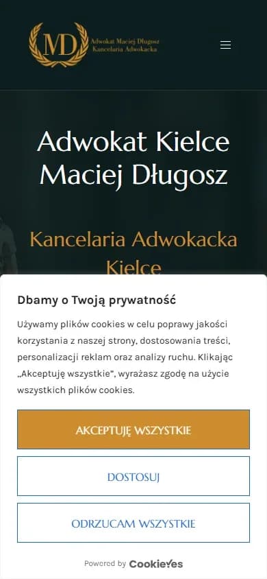 Kancelaria Macieja Długosza — ciemnozielona witryna z fotografią prawnika — widok mobilny
