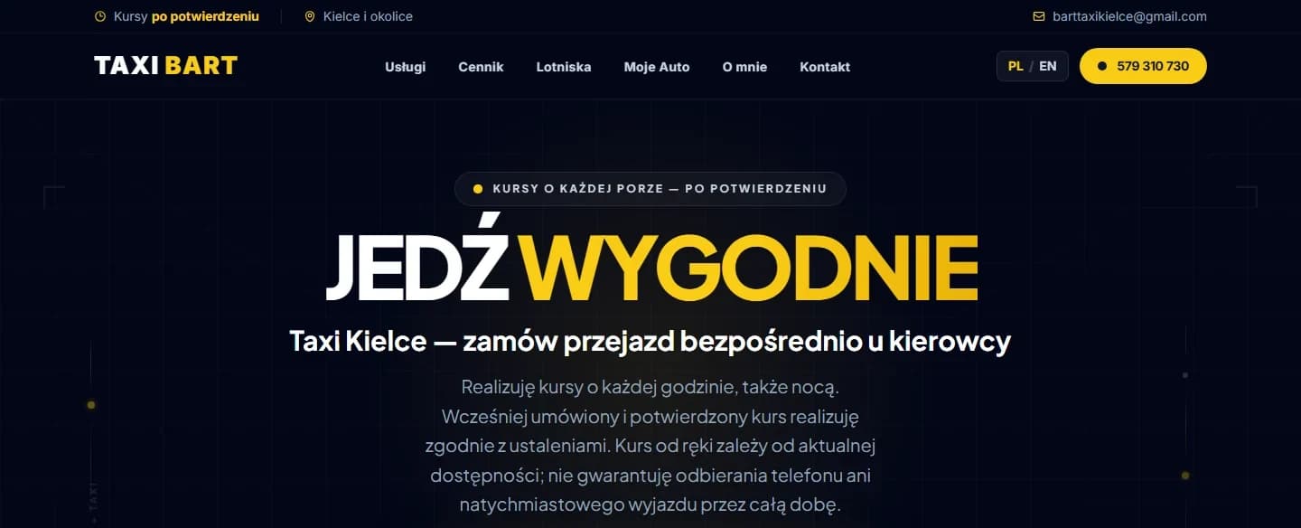 Bart Taxi Kielce — witryna Next.js w ciemnych granatowych barwach — zrzut strony