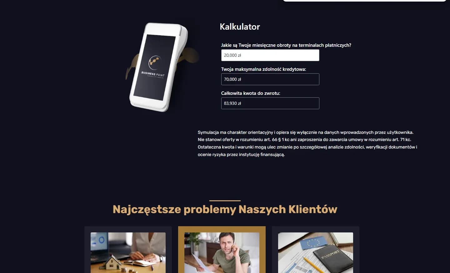 Business Point — ciemny interfejs witryny o finansowaniu firm — zrzut strony