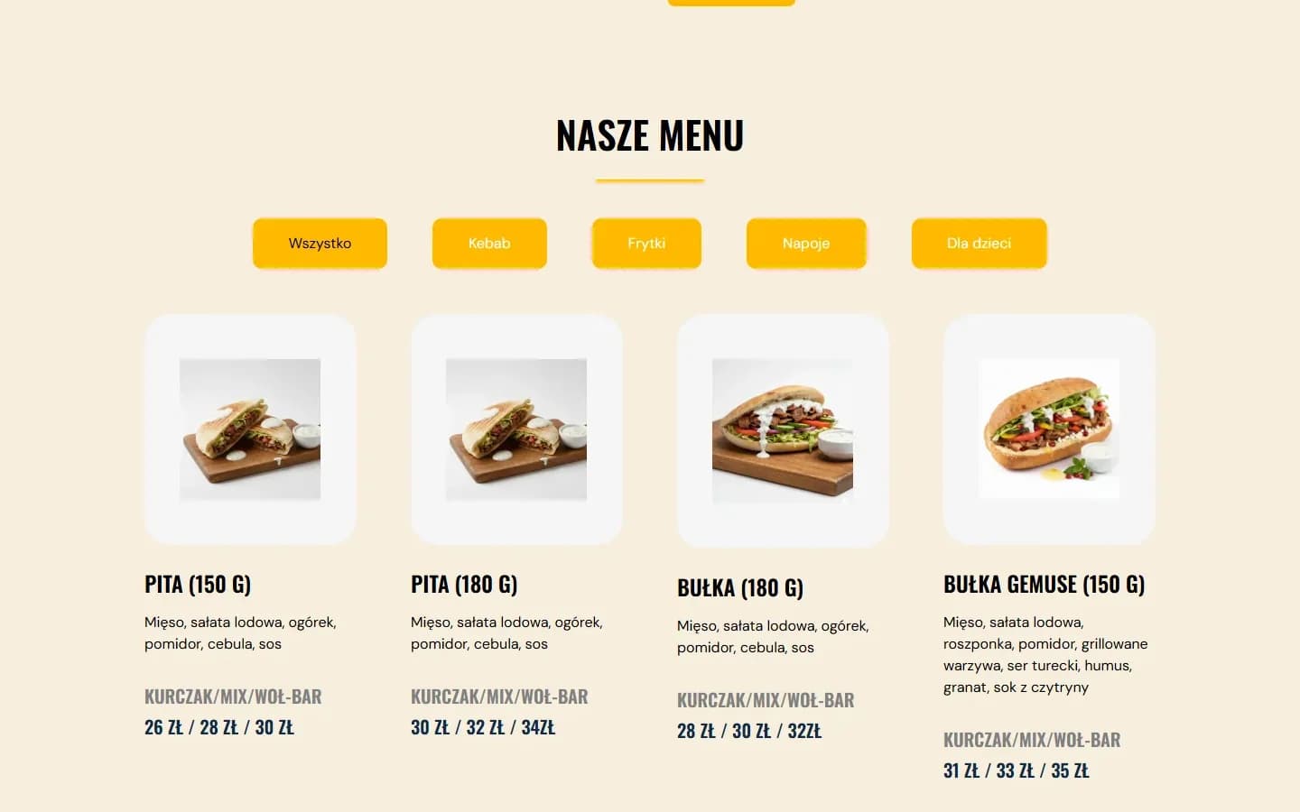 City Kebab — strona lokalu gastronomicznego z menu i zdjęciami dań — detal serwisu