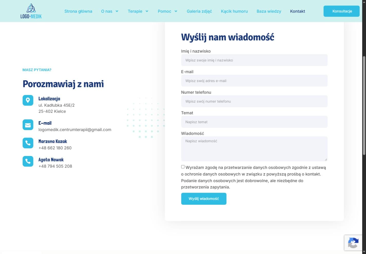 Logo-Medik — autentyczny widok strony kontaktowej z logo, danymi centrum i formularzem