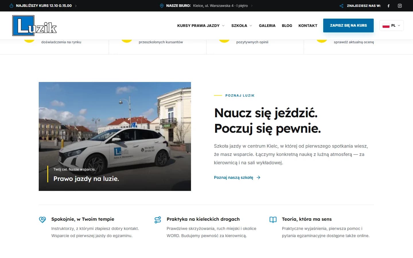 Nowa witryna Szkoły Jazdy Luzik — autentyczny widok dalszej części strony