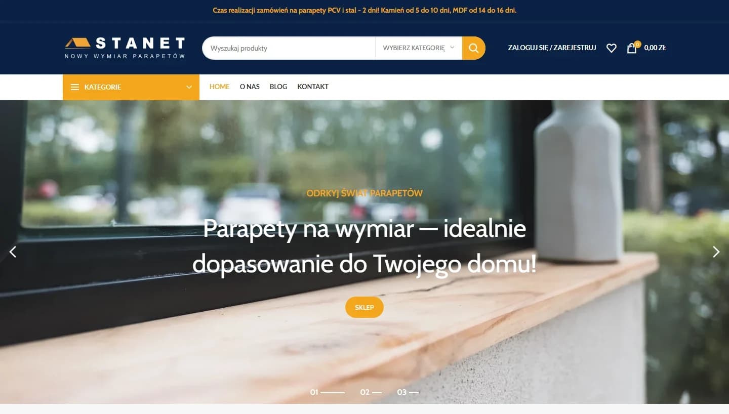 Stanet Parapety — nagłówek sklepu internetowego z ofertą parapetów na wymiar