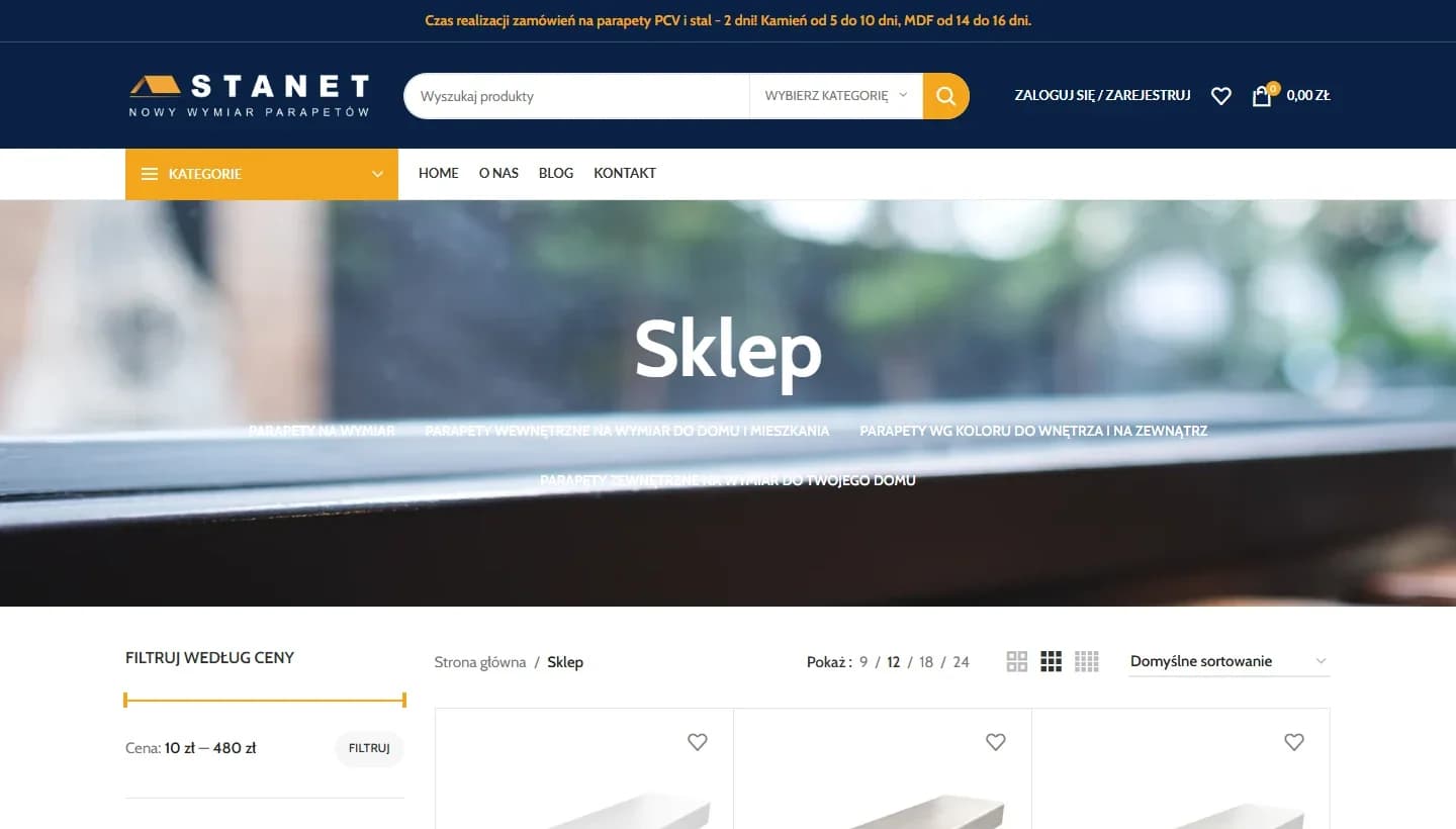 Stanet Parapety — strona sklepu z filtrami i listą produktów