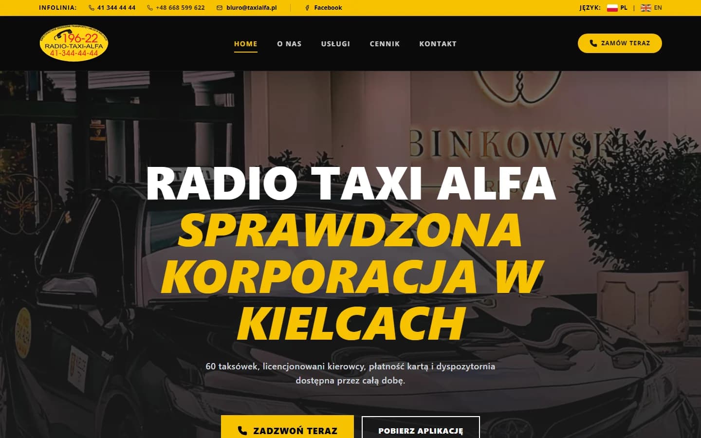 Radio Taxi Alfa — strona korporacji taxi z żółtymi akcentami — zrzut strony