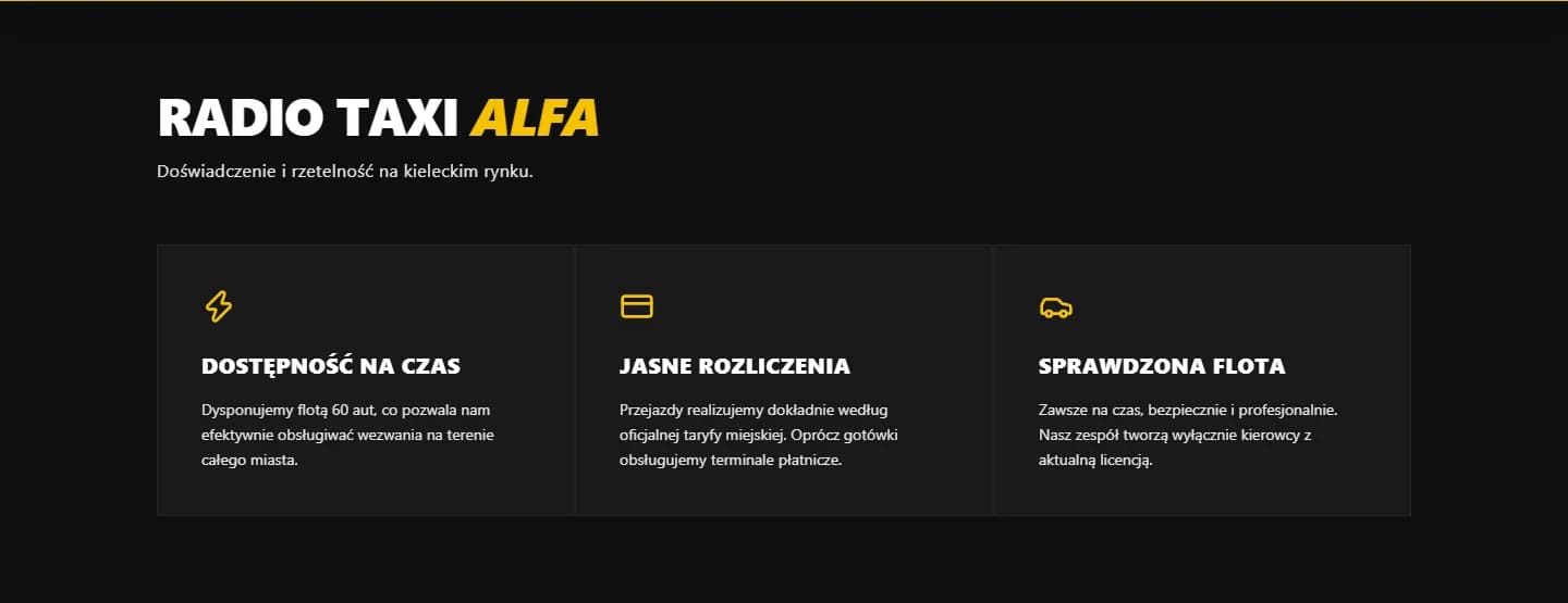Radio Taxi Alfa — strona korporacji taxi z żółtymi akcentami — detal projektu