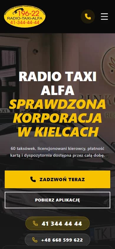 Radio Taxi Alfa — strona korporacji taxi z żółtymi akcentami — widok mobilny